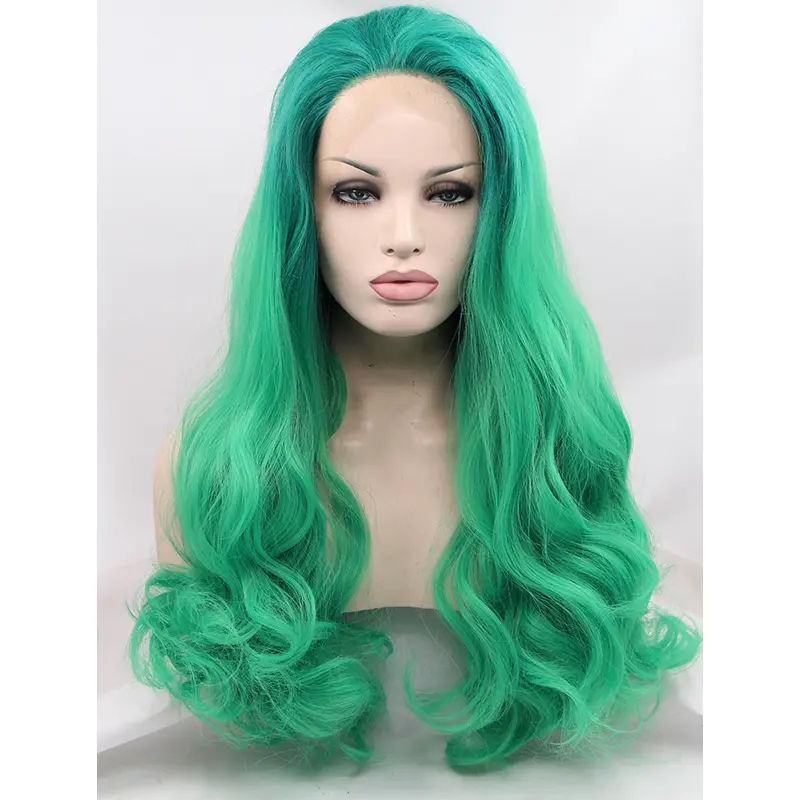 Synthetic Green 26" Curly Lace Front Without Bangs Long Wigs