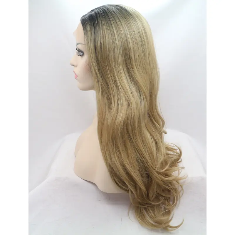 Synthetic Ombre/2 Tone 24" Wavy Lace Front Without Bangs Long Wigs