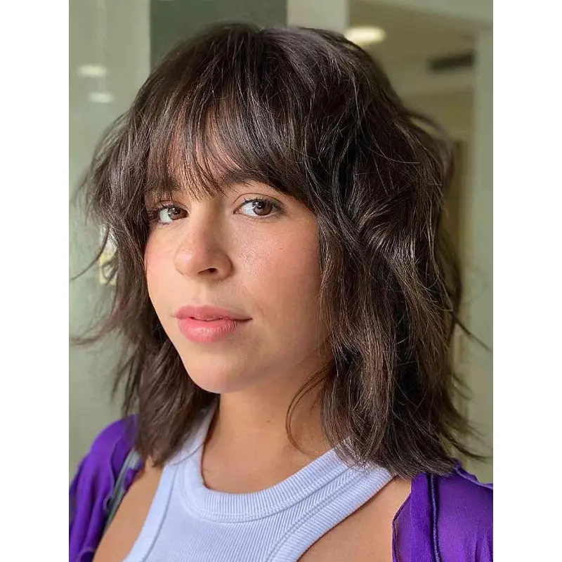 Brown Lace Wigs Shoulder Length Wavy Lace Front Synthetic Wispy Bangs Wigs