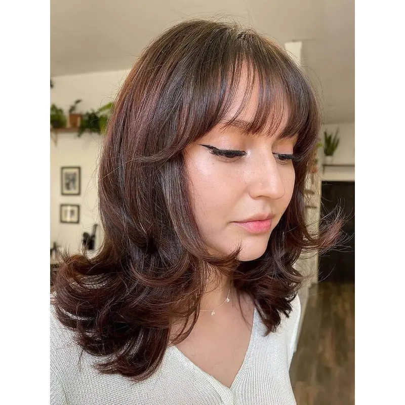 Full Fringe Lace Wig Brown Synthetic Wavy Wispy Bangs Wigs