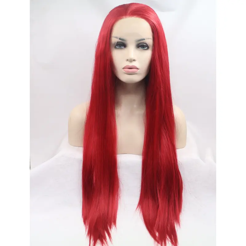 Synthetic Lace Front 32" Straight Red Without Bangs Long Wigs