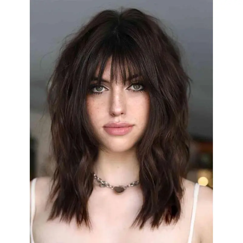 Wigs With Fringe Wavy Lace Front Synthetic Brown Bob Wigs