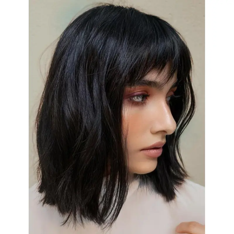Womens Wigs Lace Front Straight Black Synthetic Choppy Bangs Wigs