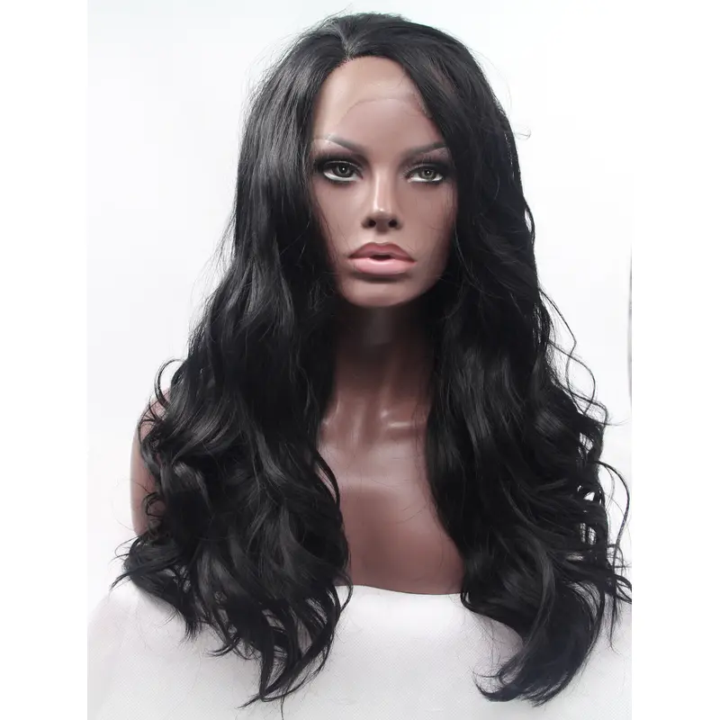 18" Curly Black Without Bangs Synthetic Long Lace Front Wigs