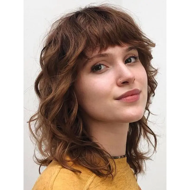 Brown Curly Wig Synthetic Lace Wigs Shoulder Length With Bangs Shaggy Bob Wigs