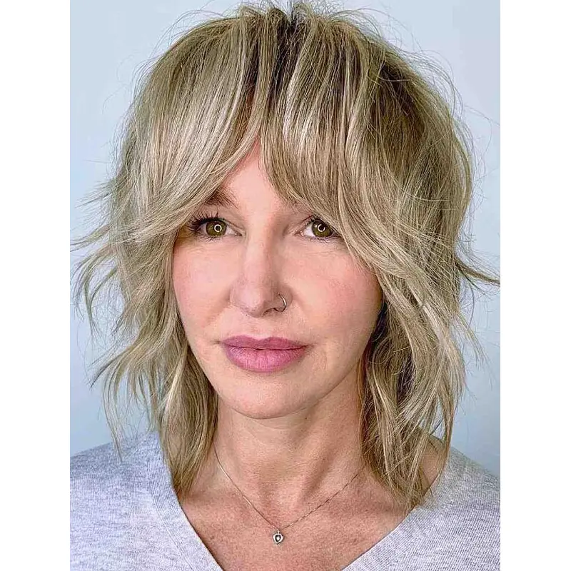 Ladies Wigs Lace Synthetic Wigs Shoulder Length With Bangs Blonde Wigs