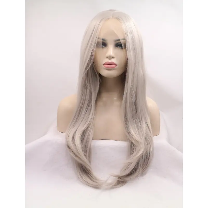 Synthetic Long Grey Lace Front 21" Without Bangs Straight Wigs