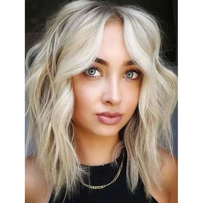 Wigs For Women Wavy Platinum Blonde Synthetic Wigs Shoulder Length Lace Wigs