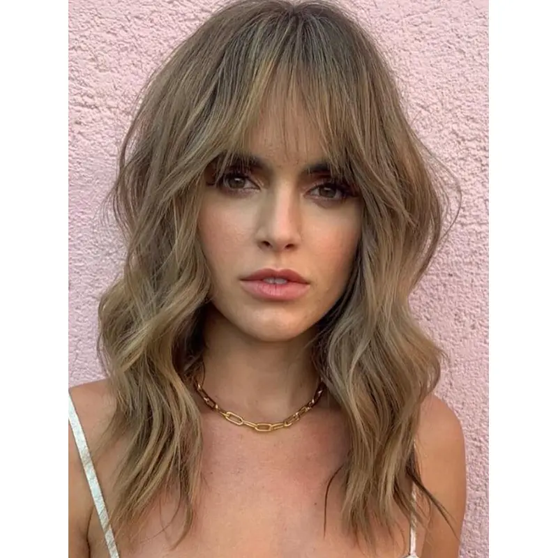 Blonde Lace Front Wigs Synthetic Shoulder Length Wigs With Bangs Shag Wigs