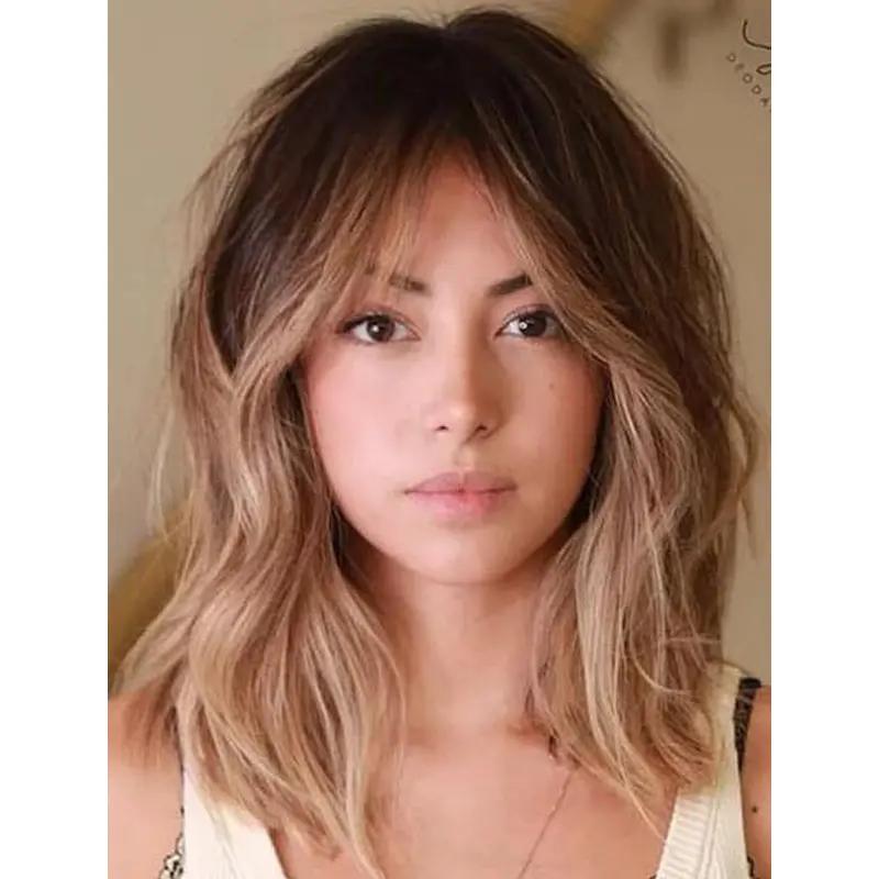 Synthetic Lace Wigs Wavy With Bangs Wigs Stylish Medium Length Wigs