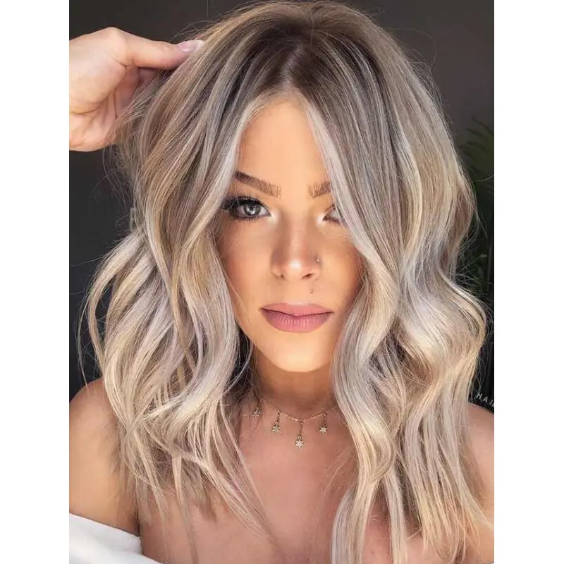Blonde Lace Front Wigs Without Bangs Wavy Wigs Synthetic Shoulder Length Wigs