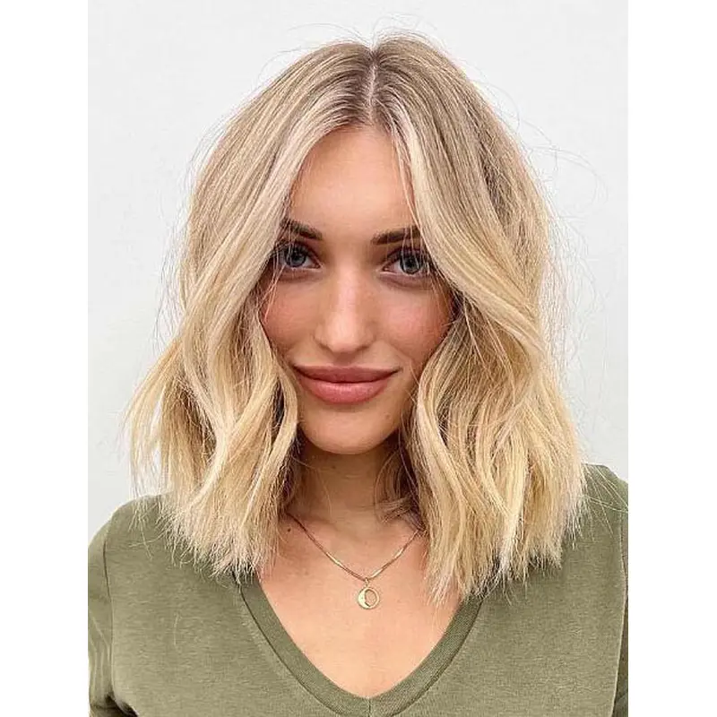 Blonde Wigs Wavy Synthetic Lace Wigs Shoulder Length Without Bangs Mid Part Bob Wigs