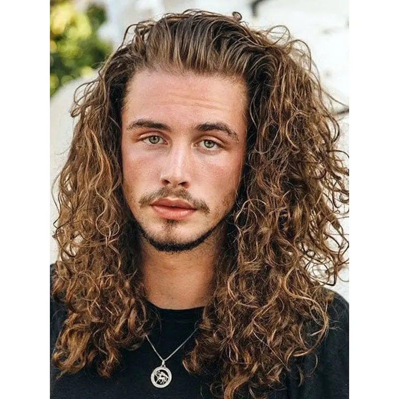 Long Hair Mens Wigs Blonde Curly 16" Synthetic Wigs