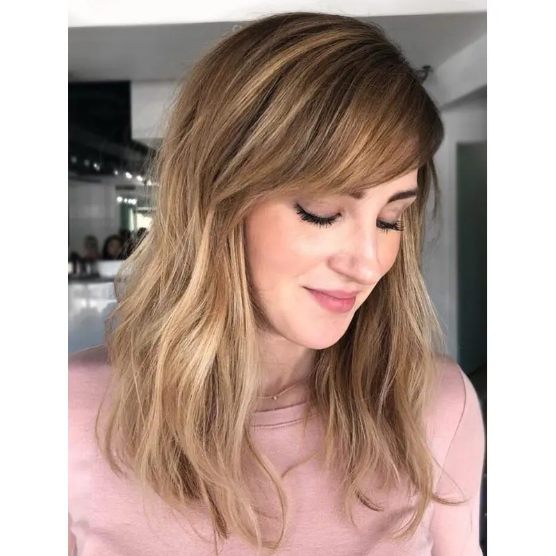 Synthetic Lace Front Wigs With Bangs Shoulder Length Wigs Wavy Blonde Wigs