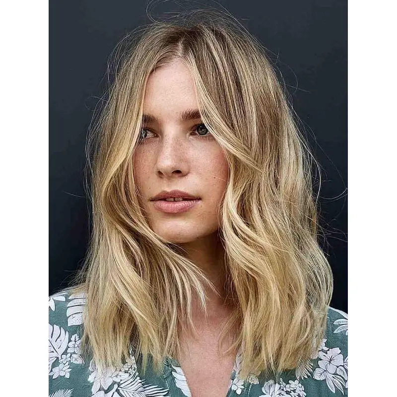 Best Lace Wigs Without Bangs Synthetic Wigs Wavy Shoulder Length Blonde Wigs