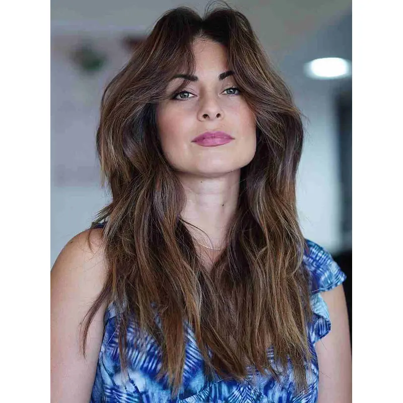 Lace Front With Bangs 16" Long Wavy Human Hair Wigs