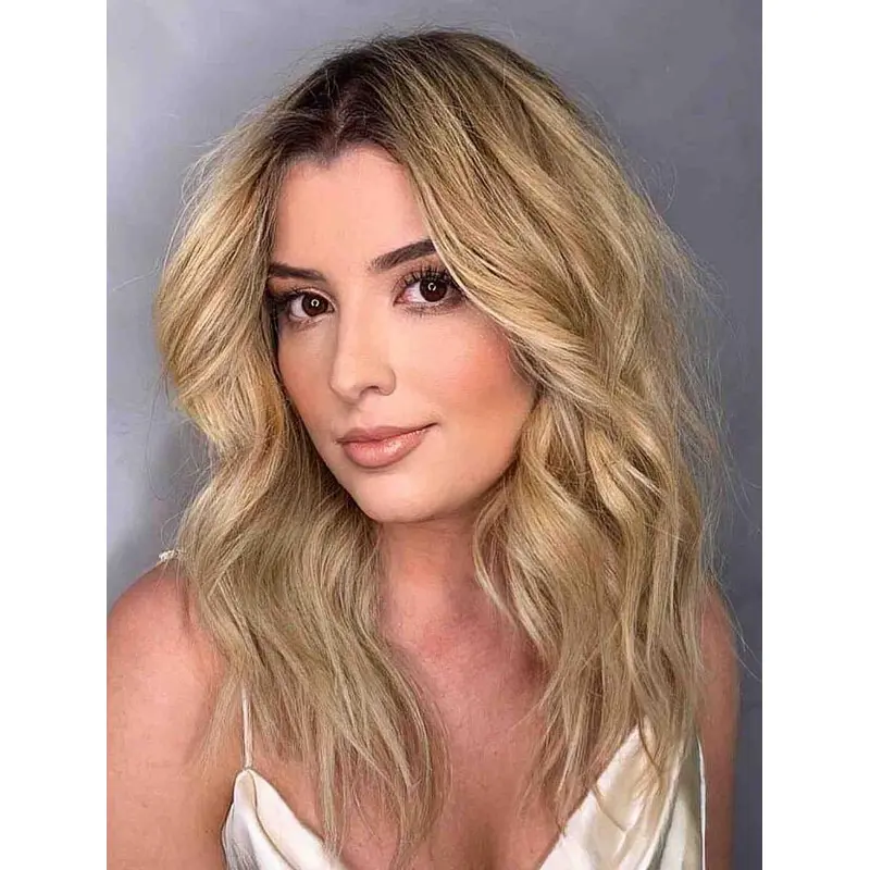 Synthetic Lace Wigs Layered Wavy Wigs Shoulder Length Blonde Wigs