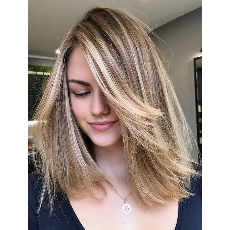 Synthetic Wigs Layered Blonde Straight Wigs Shoulder Length Lace Front Wigs