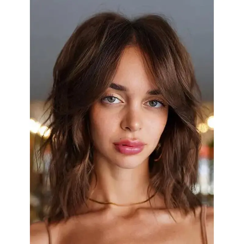 Brown Wig Shoulder Length Wavy Wigs Synthetic Lace Front Wigs