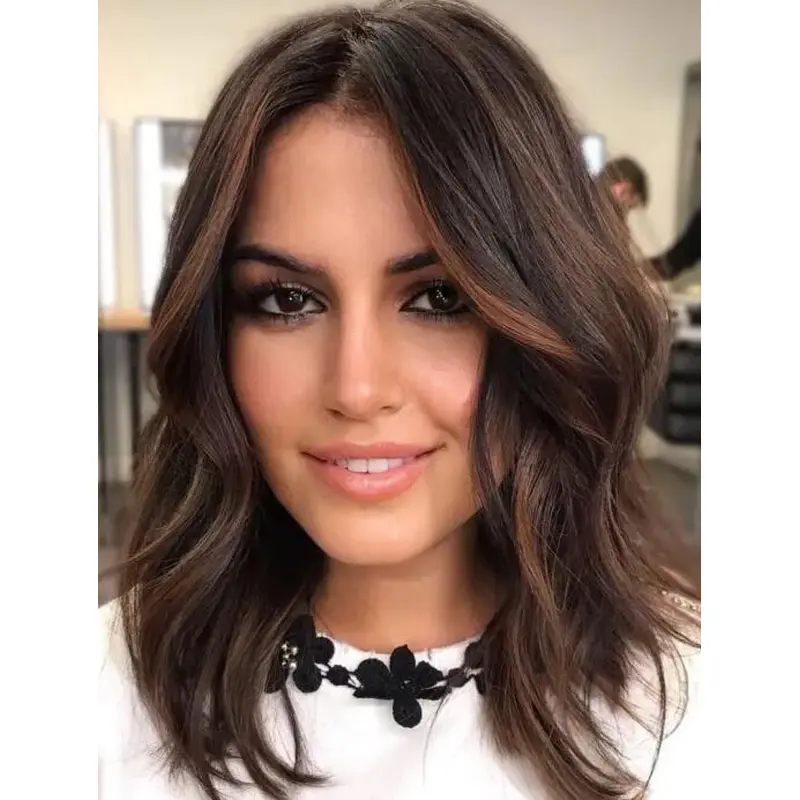 Brown Wigs Synthetic Lace Front Wigs Without Bangs Wavy Medium Wigs
