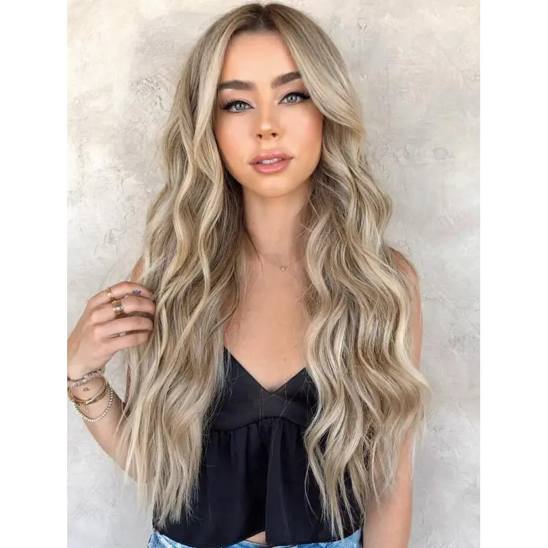 Lace Front Wig 24" Brown Synthetic Layered Textured Waves Wigs