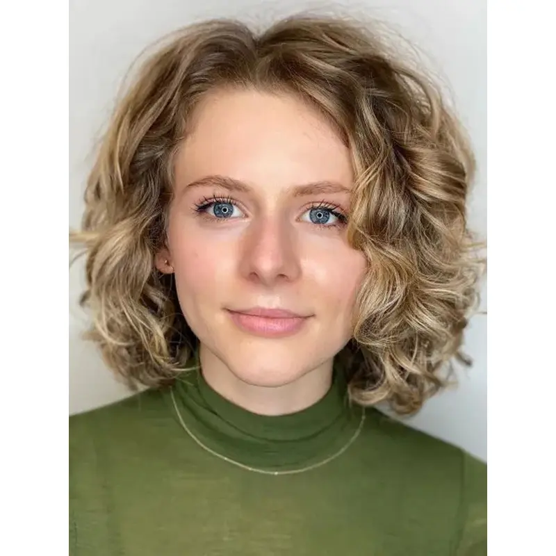 Blonde Curly Wig Without Bangs Shoulder Length Lace Wigs Synthetic Bob Wigs