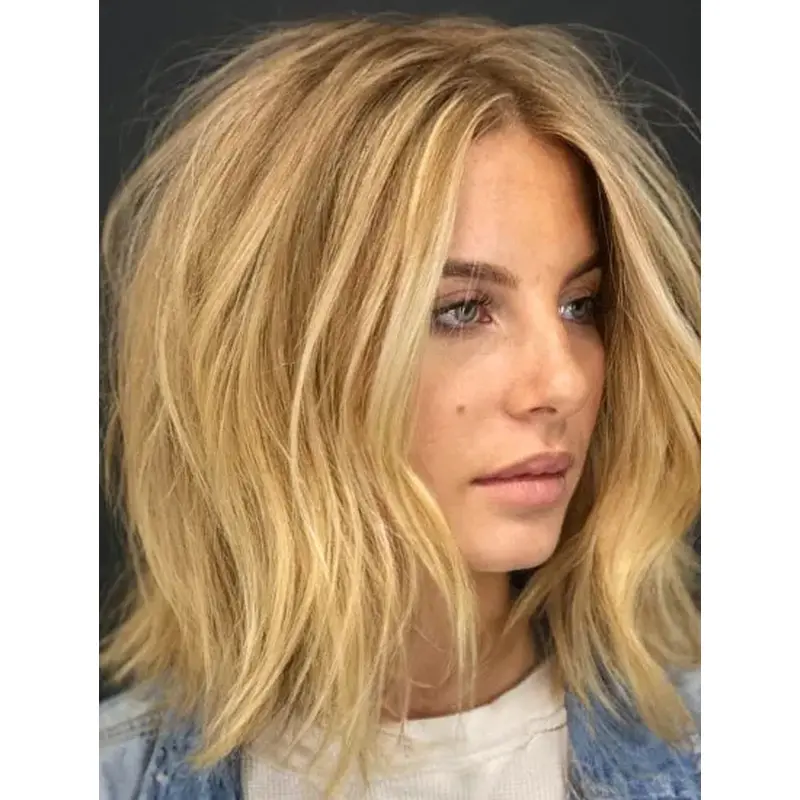 Blonde Wigs Without Bangs Shoulder Length Lace Wigs Synthetic Bob Wigs