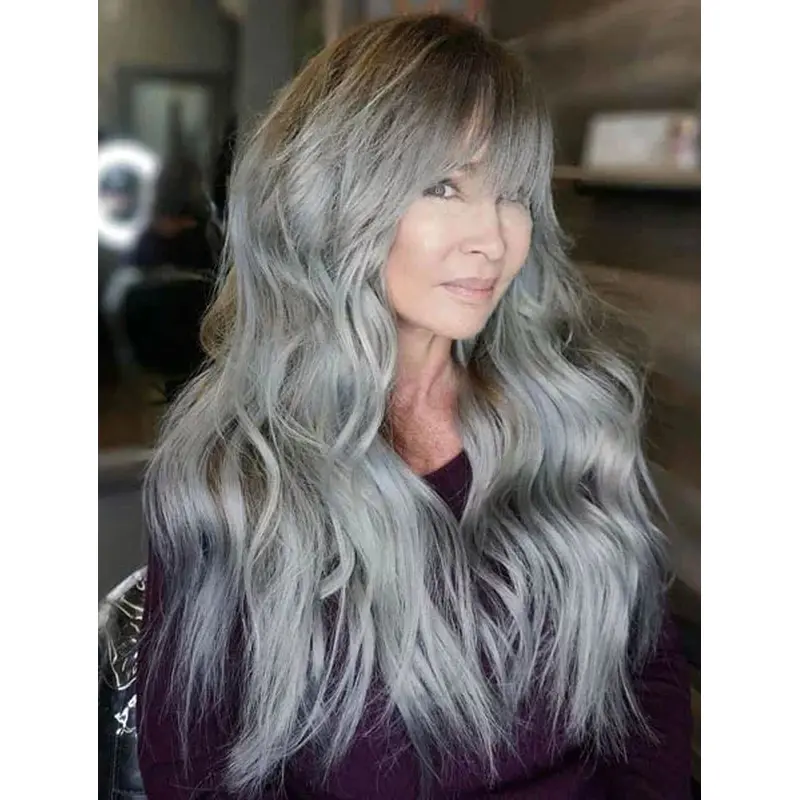 Long Gray Wigs Synthetic With Bangs Wavy Lace Wig Long Hair Wigs For Women