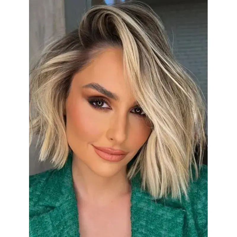 Blonde Bob Wigs Without Bangs Lace Front Wigs Synthetic Side Part Bob Wigs