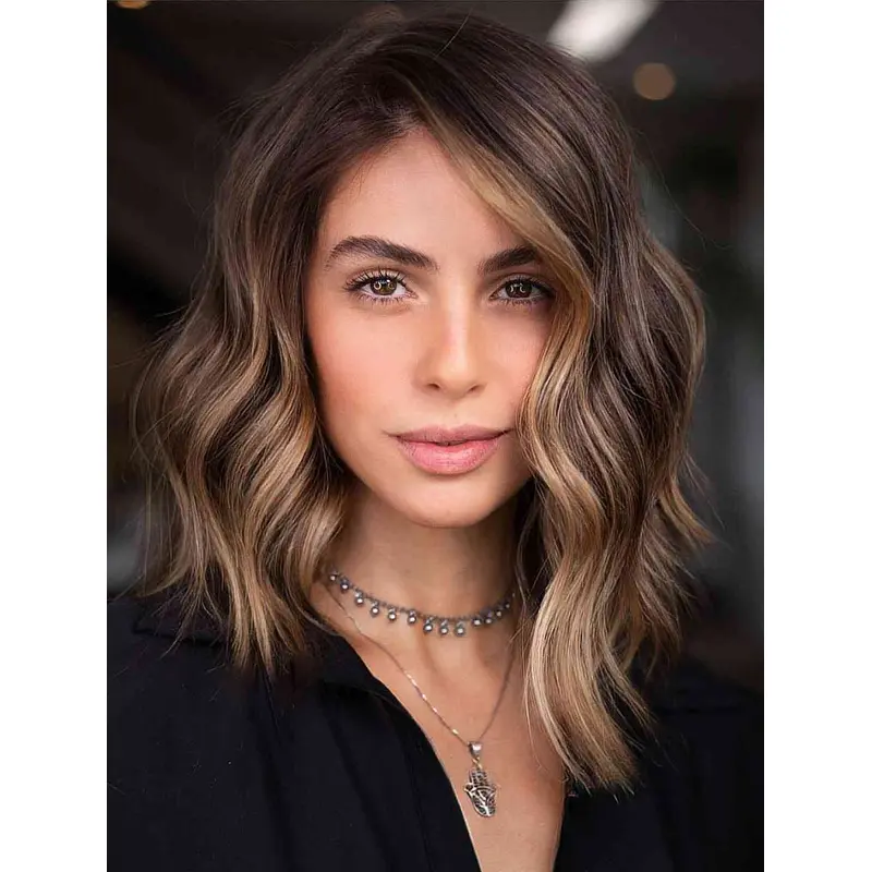 Medium Length Wigs Lace Front Brown Wigs Without Bangs Synthetic Wigs