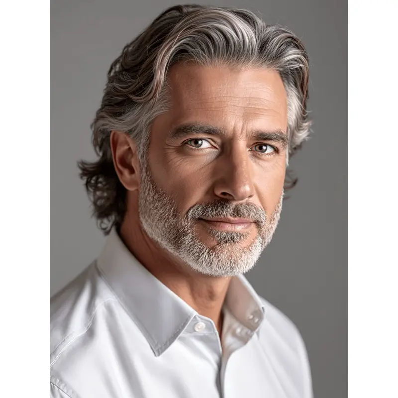Mens Grey Wig Wavy Monofilament Remy Human Hair Layered Wigs