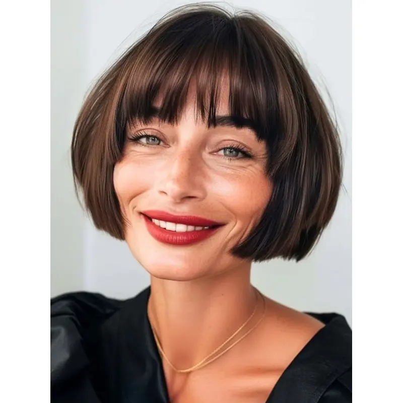 Short Bob With Bangs Wig 8" Brown Lace Front Wigs
