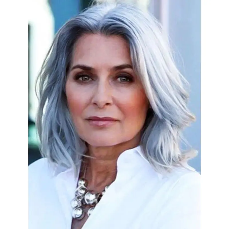 Medium Length Gray Wigs Synthetic Bob Wigs Wavy Lace Front Wigs