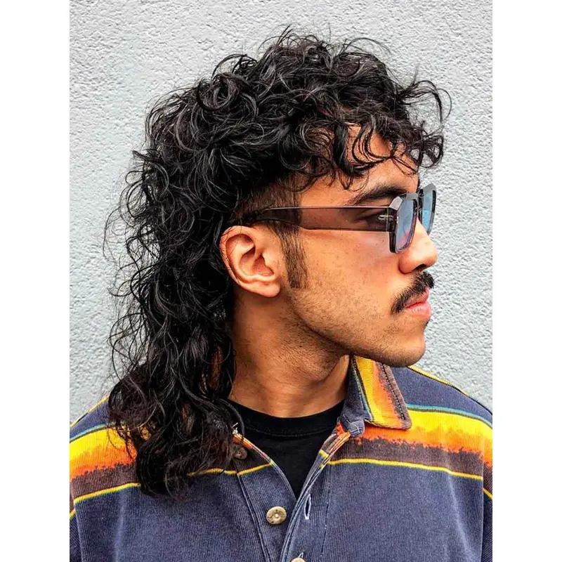 Monofilament Black Curly Synthetic Long Permed Mullet Men Wigs