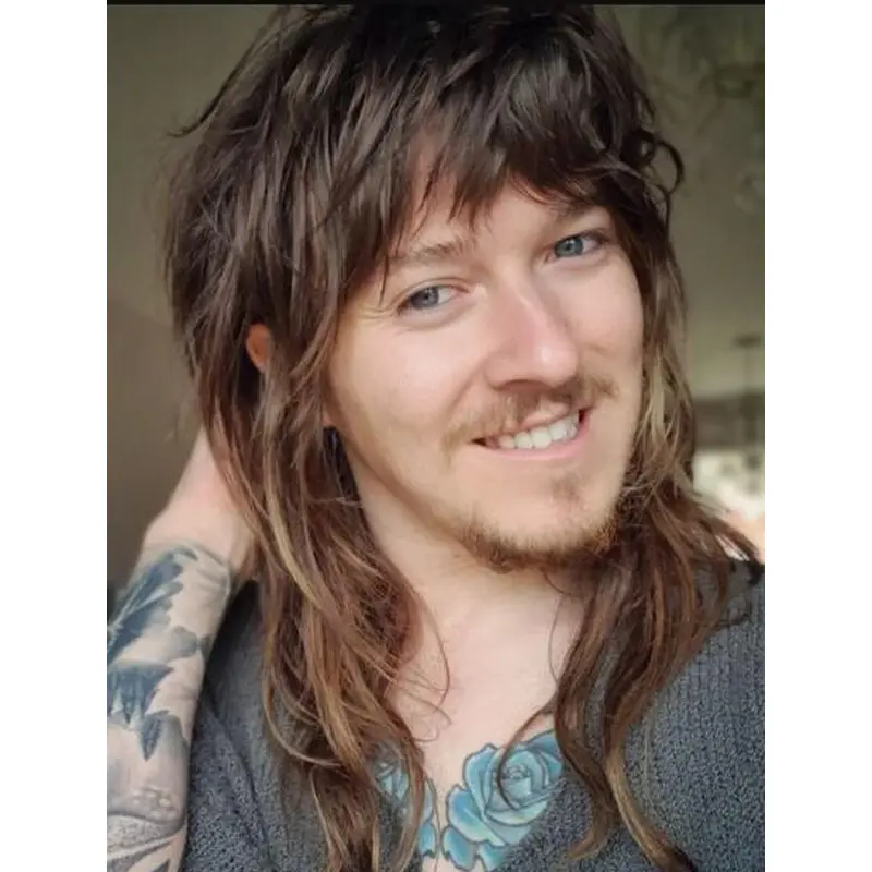 Wavy Mono Part Remy Human Hair Brown Long Shaggy Layers Men Wigs