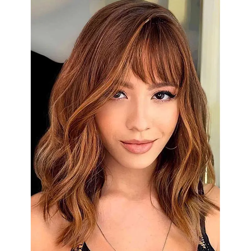 Wigs Medium Length Lace Front Wavy Wigs With Bangs Synthetic Wigs