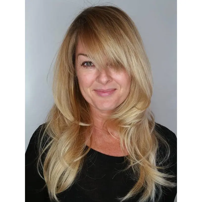 Full Wigs Layered Synthetic Blonde Lace Front Long Wavy Side-Swept Bangs Wigs