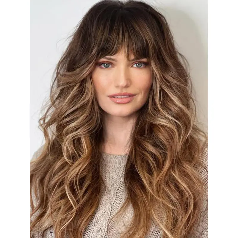 Human Hair Wigs Long With Bangs 20" Lace Front Wigs