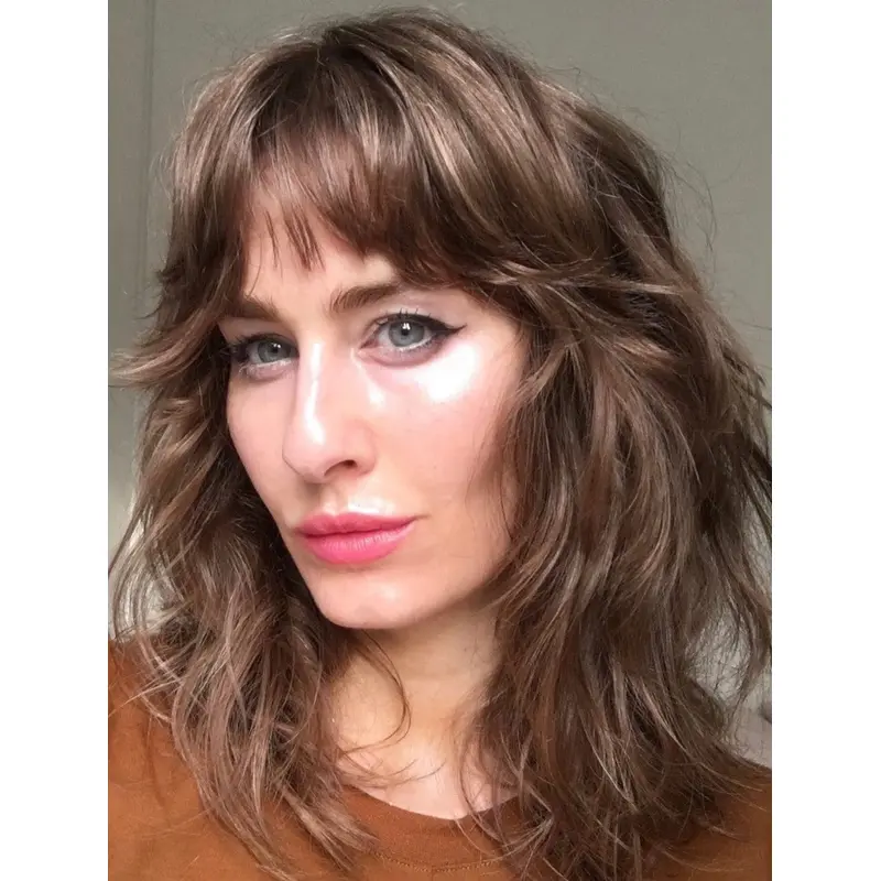 Shoulder Length Wigs With Bangs Synthetic Brown Wigs Lace Front Wavy Wigs