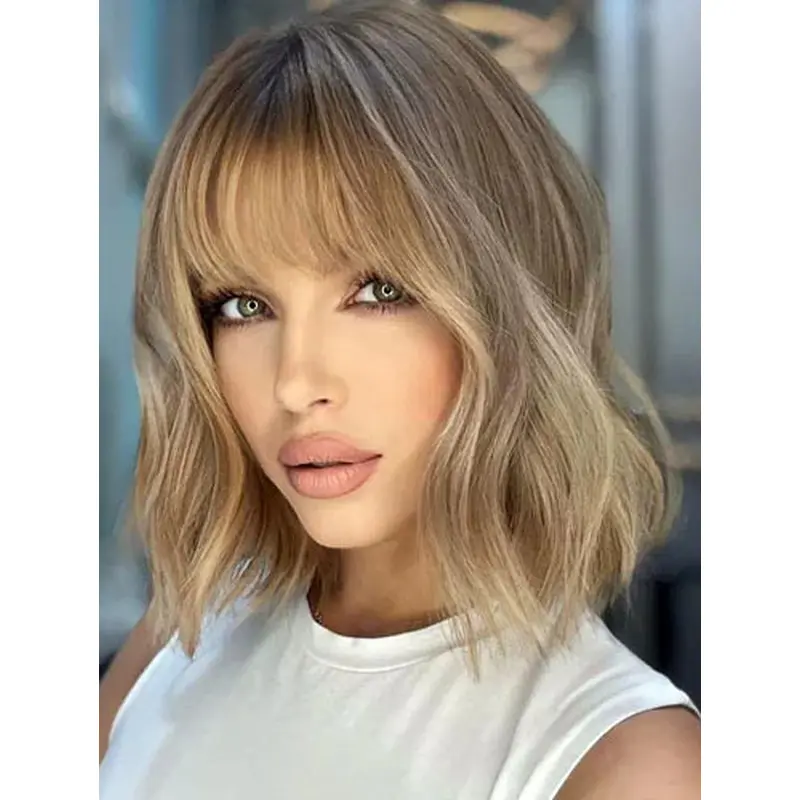 Shoulder Length Wigs With Bangs Synthetic Wigs Lace Front Wavy Wigs