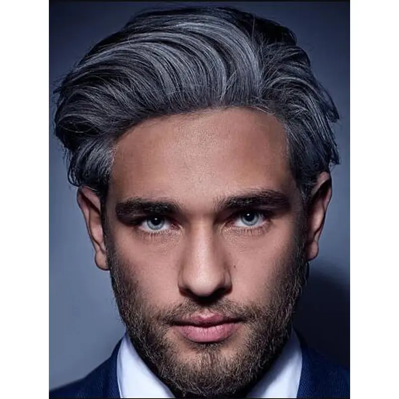 Grey Mono Top Straight Short Remy Human Hair Long Comb Over Men Wigs