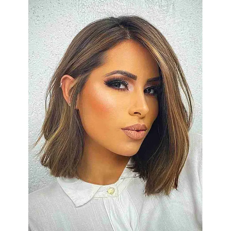 Medium Length Wig Synthetic Straight Wigs Lace Front Brown Wigs