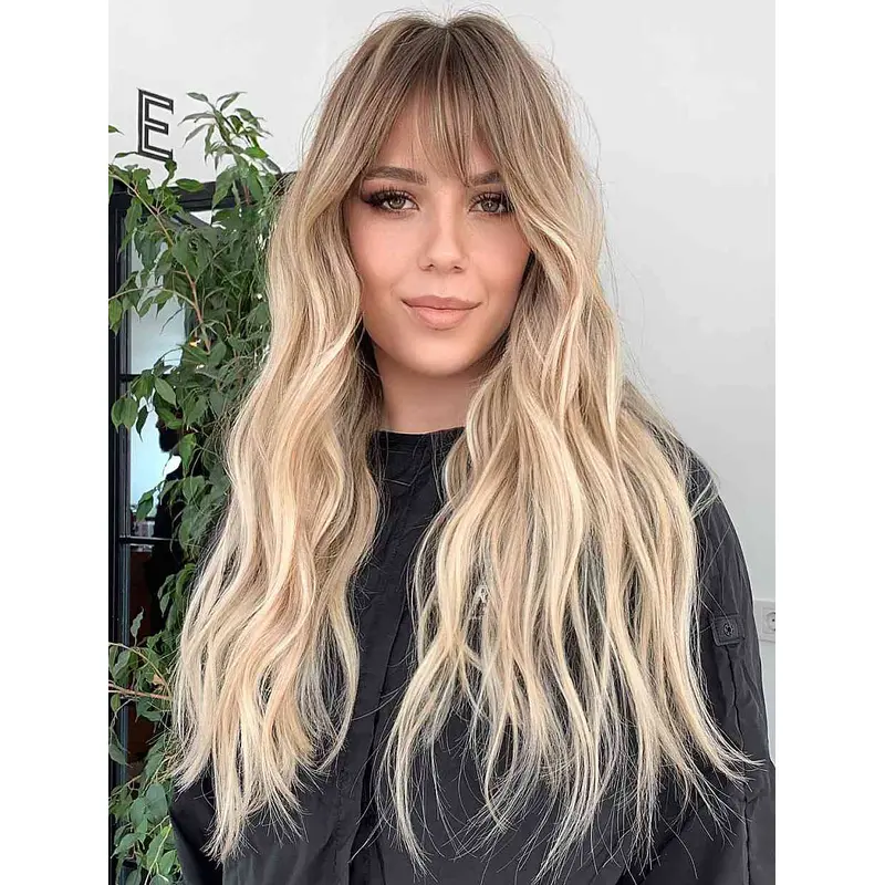 Long Hair Wigs Lace Front With Bangs Wigs Synthetic Wavy Wigs