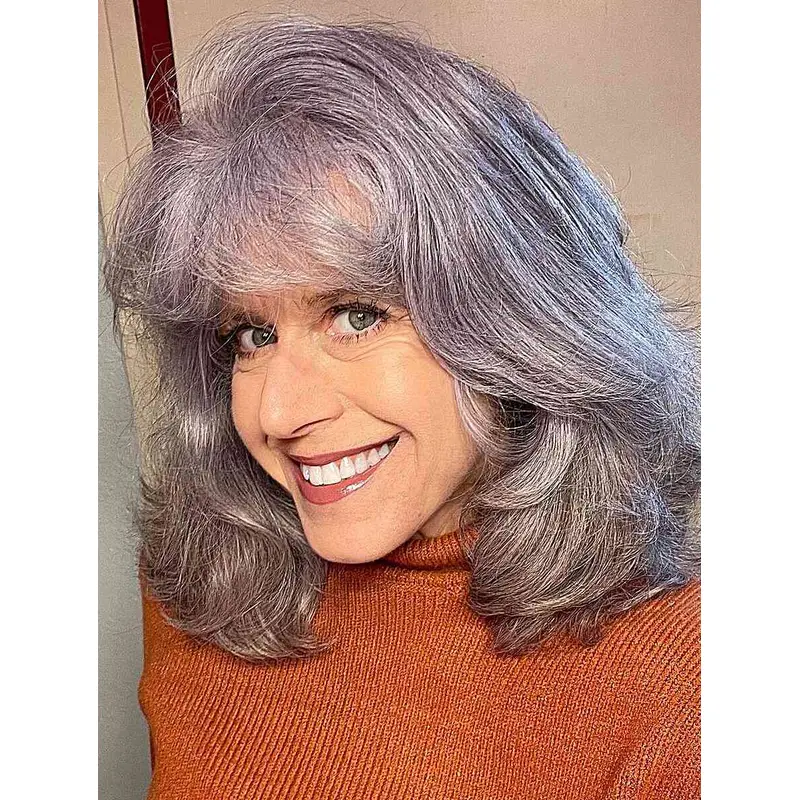 Medium Length Gray Wigs Synthetic Layered Wigs Wavy Lace Front Wigs
