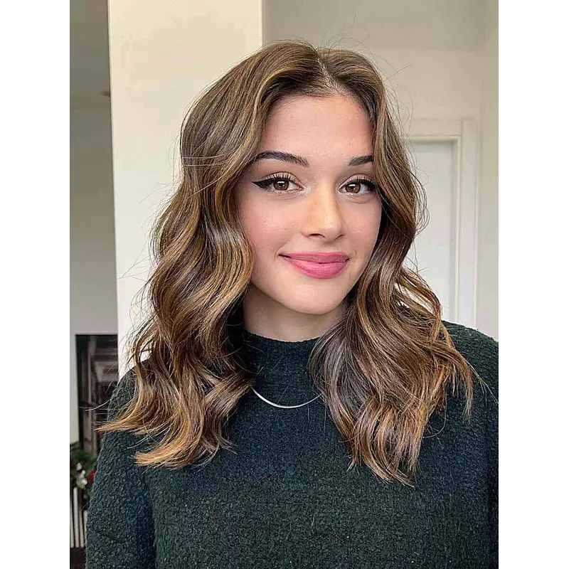 Mid Length Wigs Synthetic Wavy Wigs Lace Front Brown Wigs