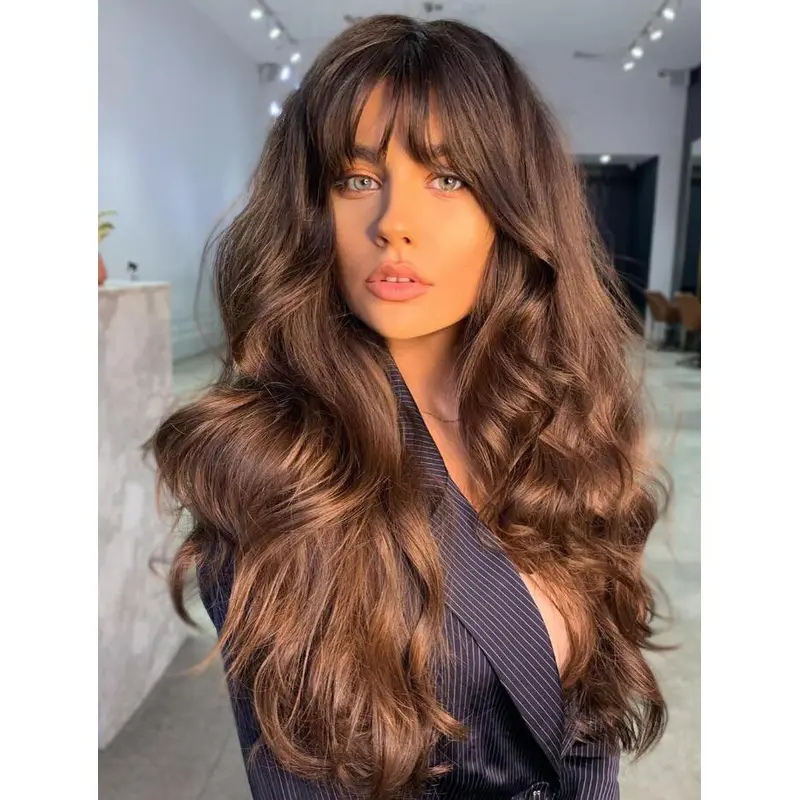 Buy Wigs Brown Lace Front Long Wavy Synthetic With Bangs Layes Wigs