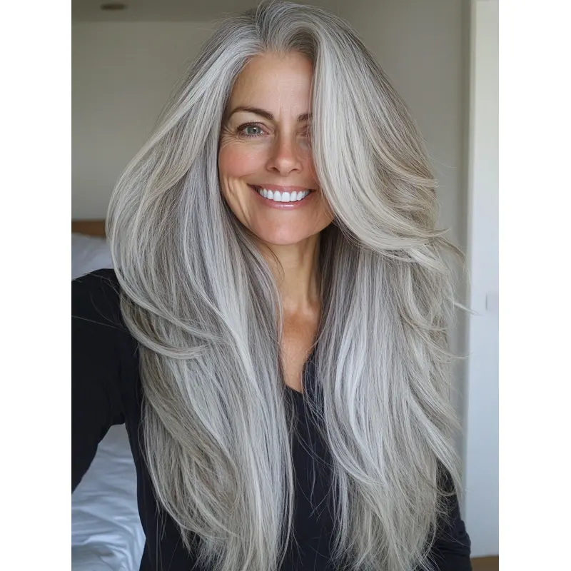 Grey Wigs For Elderly Ladies Wavy Synthetic 28" Layered Long Monofilament Wigs
