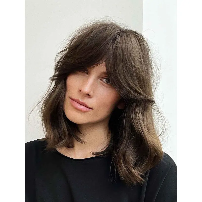 Shoulder Length Wigs Brown Synthetic Wigs Layered Lace Front Wavy Wigs