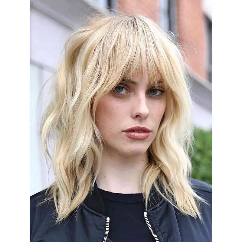 Medium Length Blonde Wigs Lace Front Wavy Wigs Synthetic With Bangs Wigs