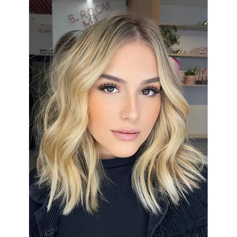 Medium Length Blonde Wigs Lace Front Wavy Wigs Without Bangs Wigs